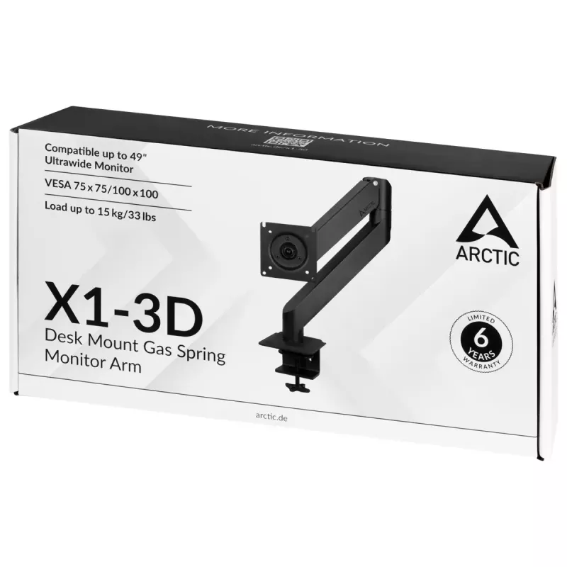 Stalinis laikiklis monitoriui su dujine spyruokle ARCTIC X1-3D — iki 43 colių / 10 kg, VESA 75x75–100x100, juodas