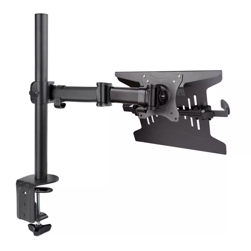 StarTech.com Laptop Desk Mount – laikiklis nešiojamam kompiuteriui ir monitoriui, tinka iki 34 colių (8 kg) monitoriams ir iki 4,5 kg nešiojamiesiems, reguliuojama VESA padėklo rankena, spaustuvinis / grometinis tvirtinimas