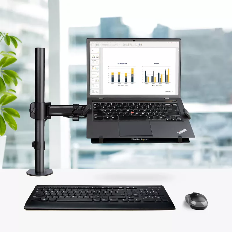 StarTech.com Laptop Desk Mount – laikiklis nešiojamam kompiuteriui ir monitoriui, tinka iki 34 colių (8 kg) monitoriams ir iki 4,5 kg nešiojamiesiems, reguliuojama VESA padėklo rankena, spaustuvinis / grometinis tvirtinimas