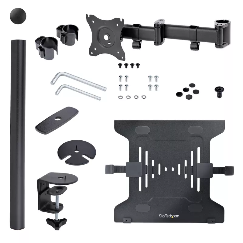 StarTech.com Laptop Desk Mount – laikiklis nešiojamam kompiuteriui ir monitoriui, tinka iki 34 colių (8 kg) monitoriams ir iki 4,5 kg nešiojamiesiems, reguliuojama VESA padėklo rankena, spaustuvinis / grometinis tvirtinimas