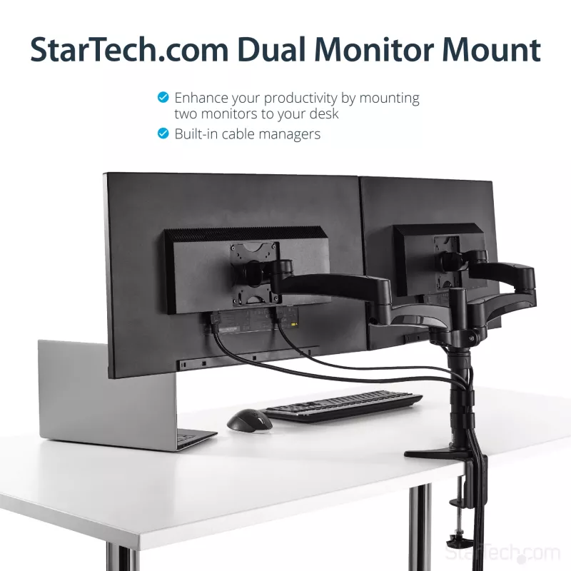 StarTech.com Dviejų monitorių laikiklis ant stalo - šarnyrinis, spaustuvinis, 13.6 kg, 30.5 cm (12 col.), 61 cm (24 col.), 100 x 100 mm, juodas