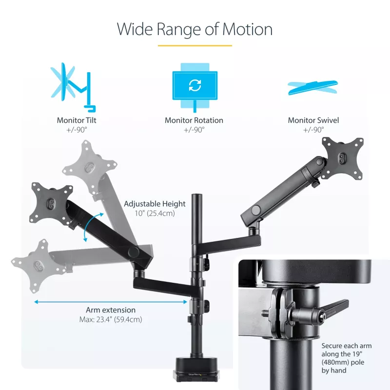 StarTech.com Dvigubas monitoriaus laikiklis ant stalo, pilnas judesys, iki 32 colių (8 kg), aukščio reguliavimas, spaustuvinis/anginis tvirtinimas, mechaninė spyruoklė