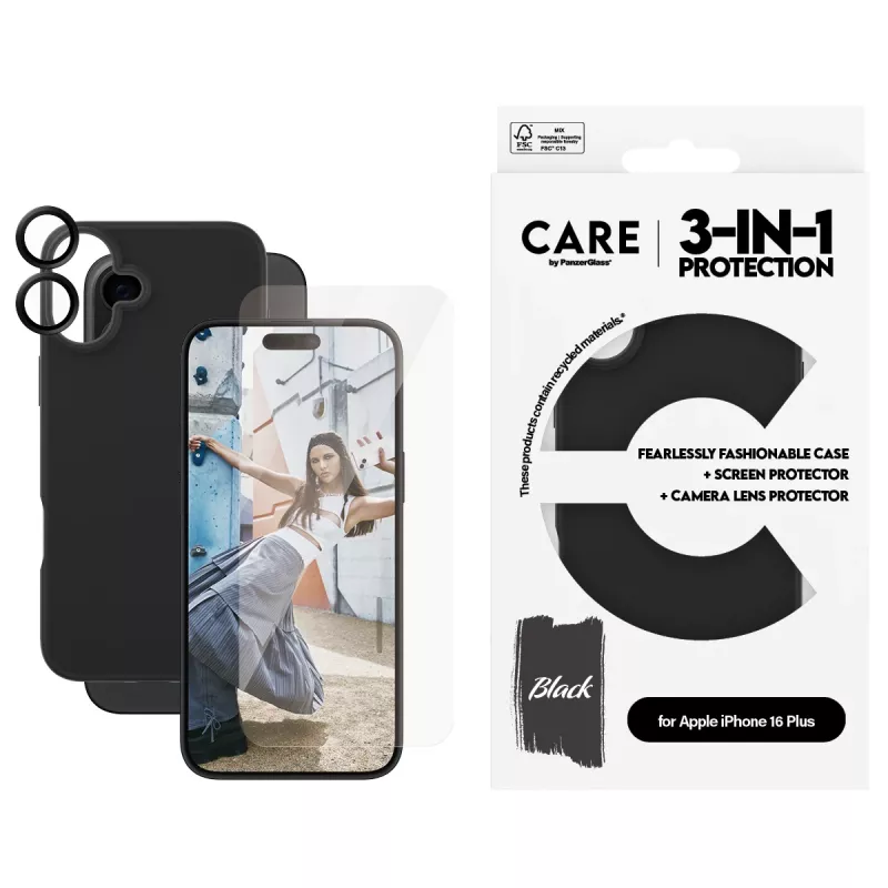 PanzerGlass CARE™ by ® 3-in-1 komplektas iPhone 16 Plus, Apple, iPhone 16 Plus, sausas klijavimas, atsparus įbrėžimams, atsparus smūgiams, permatomas, 1 vnt.