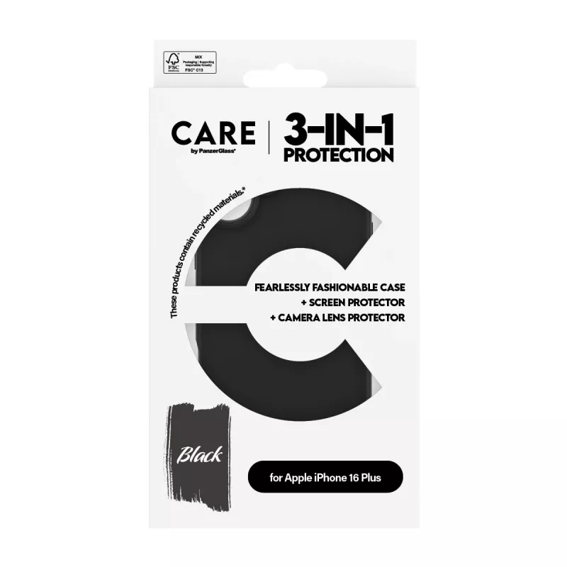PanzerGlass CARE™ by ® 3-in-1 komplektas iPhone 16 Plus, Apple, iPhone 16 Plus, sausas klijavimas, atsparus įbrėžimams, atsparus smūgiams, permatomas, 1 vnt.