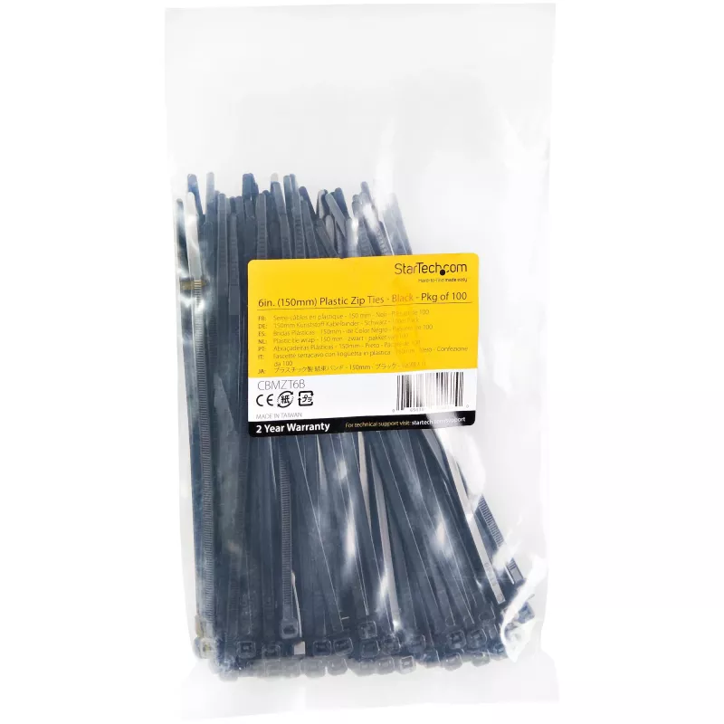 StarTech.com 100 vnt. 6 colių (15 cm) kabelių raiščiai - 3,6 mm pločio, 39 mm ryšulio skersmuo, 18 kg tempimo stipris, nailoniniai savaime užsifiksuojantys raiščiai su lenktu galu, UL sertifikuoti, juodi - TAA