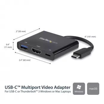 StarTech.com USB-C kelių prievadų adapteris su HDMI - USB 3.0 prievadas - 60W PD - Juodas
