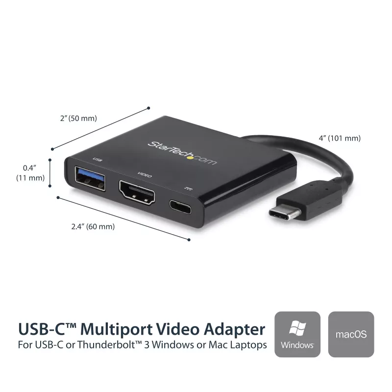 StarTech.com USB-C kelių prievadų adapteris su HDMI - USB 3.0 prievadas - 60W PD - Juodas