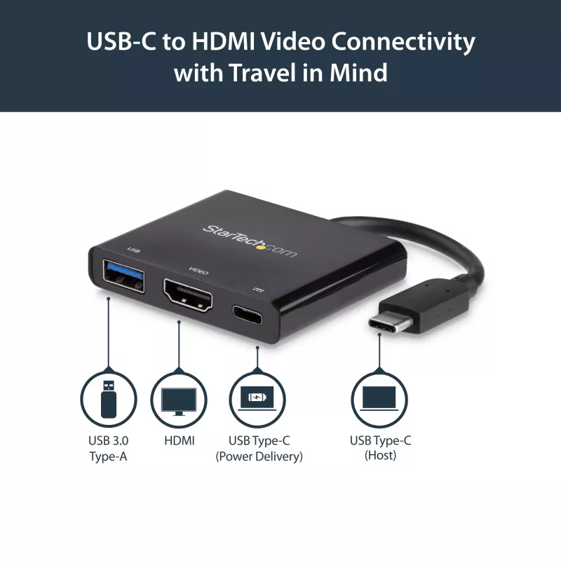 StarTech.com USB-C kelių prievadų adapteris su HDMI - USB 3.0 prievadas - 60W PD - Juodas
