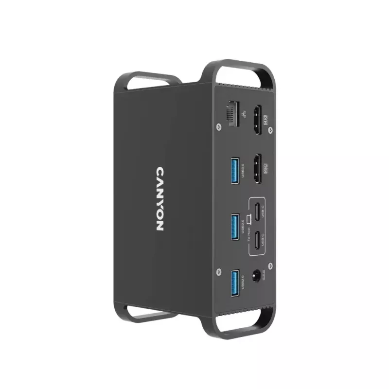Dokovimo stotelė CANYON CNS-HDS95ST – USB-C (USB 3.2 Gen 2) su 2× HDMI, 2× USB 3.2 Gen1, 2× USB 2.0, Gigabit Ethernet, 100 W, aliuminis, juoda
