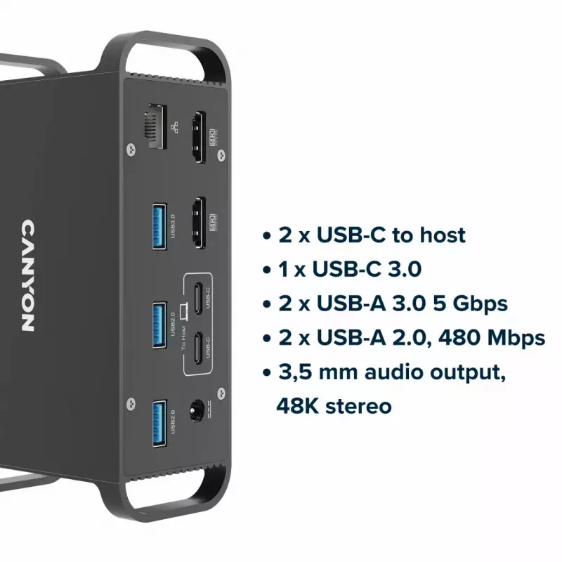 Dokovimo stotelė CANYON CNS-HDS95ST – USB-C (USB 3.2 Gen 2) su 2× HDMI, 2× USB 3.2 Gen1, 2× USB 2.0, Gigabit Ethernet, 100 W, aliuminis, juoda