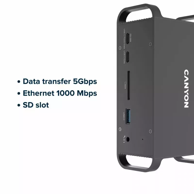 Dokovimo stotelė CANYON CNS-HDS95ST – USB-C (USB 3.2 Gen 2) su 2× HDMI, 2× USB 3.2 Gen1, 2× USB 2.0, Gigabit Ethernet, 100 W, aliuminis, juoda