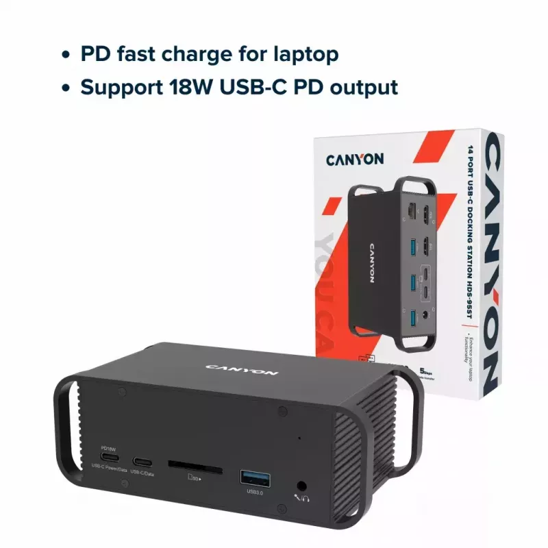 Dokovimo stotelė CANYON CNS-HDS95ST – USB-C (USB 3.2 Gen 2) su 2× HDMI, 2× USB 3.2 Gen1, 2× USB 2.0, Gigabit Ethernet, 100 W, aliuminis, juoda
