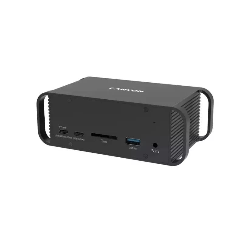 Dokovimo stotelė CANYON CNS-HDS95ST – USB-C (USB 3.2 Gen 2) su 2× HDMI, 2× USB 3.2 Gen1, 2× USB 2.0, Gigabit Ethernet, 100 W, aliuminis, juoda