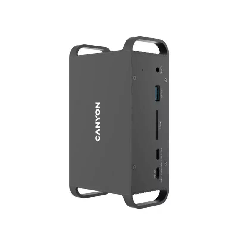 Dokovimo stotelė CANYON CNS-HDS95ST – USB-C (USB 3.2 Gen 2) su 2× HDMI, 2× USB 3.2 Gen1, 2× USB 2.0, Gigabit Ethernet, 100 W, aliuminis, juoda