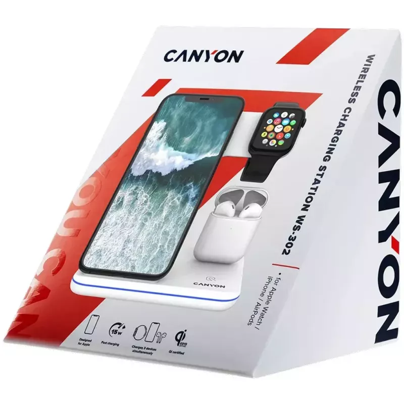 CANYON WS-302 3 viename Qi belaidė krovimo stotelė, 15 W, juoda (CNS-WCS302B)