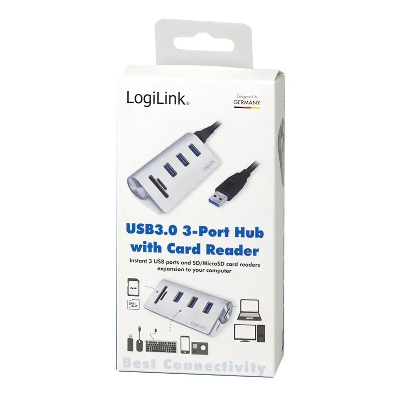 USB 3.0 3 prievadų šakotuvas su SD/MicroSD kortelių skaitytuvu LogiLink CR0045