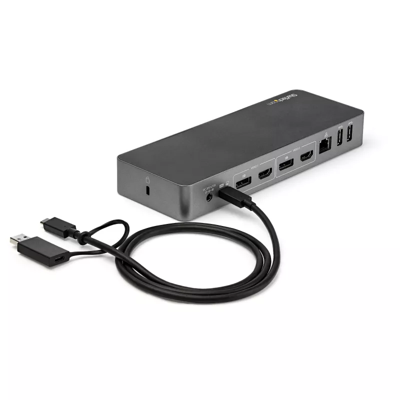 Universali nešiojamojo kompiuterio dokų stotelė StarTech.com, hibridinė USB-C ir USB-A, dviguba 4K DP ir HDMI, 60W PD, Mac / Windows / Chrome OS, 4x USB 5Gbps šakotuvas, GbE