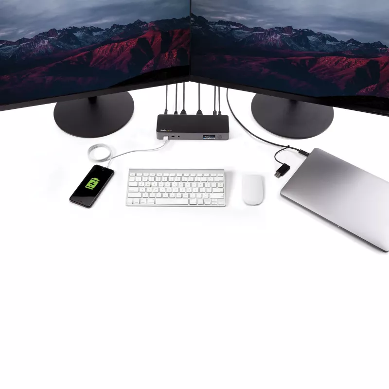 Universali nešiojamojo kompiuterio dokų stotelė StarTech.com, hibridinė USB-C ir USB-A, dviguba 4K DP ir HDMI, 60W PD, Mac / Windows / Chrome OS, 4x USB 5Gbps šakotuvas, GbE