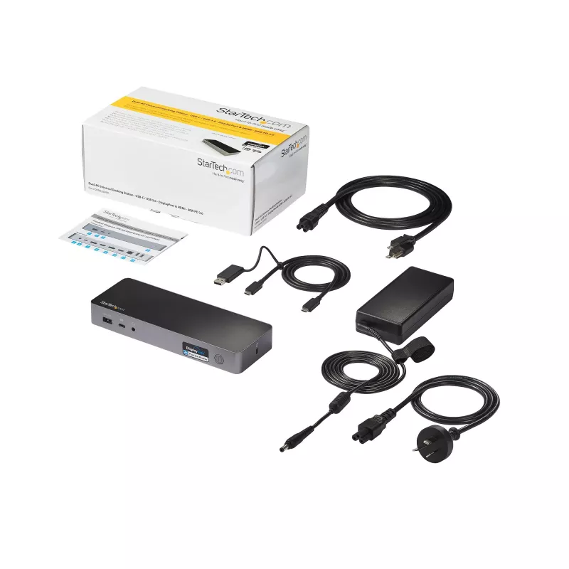 Universali nešiojamojo kompiuterio dokų stotelė StarTech.com, hibridinė USB-C ir USB-A, dviguba 4K DP ir HDMI, 60W PD, Mac / Windows / Chrome OS, 4x USB 5Gbps šakotuvas, GbE