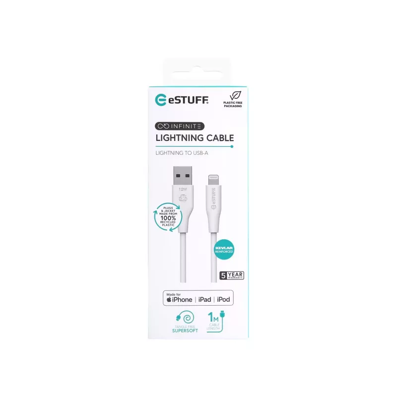 Lightning laidas eSTUFF ES601170 1m USB A 2,4A 5V baltas