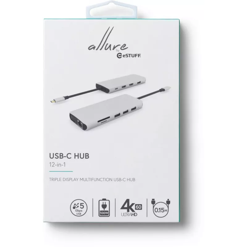 eSTUFF ES623009 12-in-1 USB-C stotelė USB 3.2 Gen 1 pilka