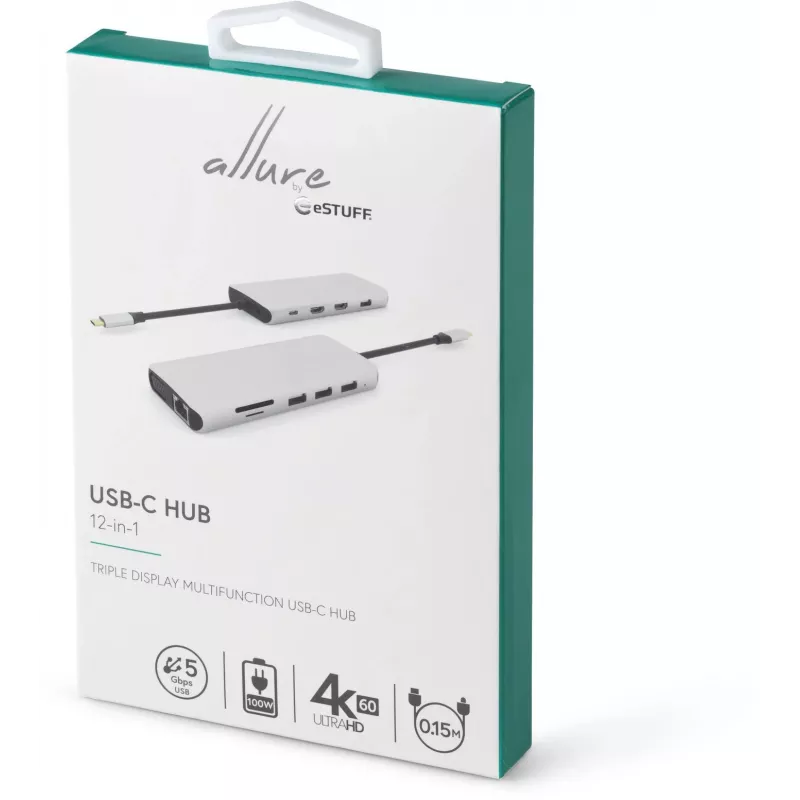 eSTUFF ES623009 12-in-1 USB-C stotelė USB 3.2 Gen 1 pilka