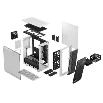PC korpusas Fractal Design Meshify 2 Compact — baltas, ATX maitinimo šaltiniui, 2×140 mm priekyje, 1×120 mm gale, 2,5 colio/3,5 colio diskams, 210×424×475 mm