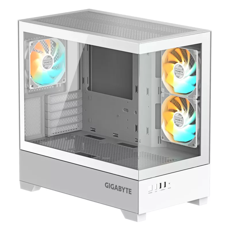 GIGABYTE C201 PANORAMIC ICE korpusas - Mid Tower, m-ATX, 360mm radiatoriaus palaikymas, 3 iš anksto sumontuoti ventiliatoriai, USB 3.0, RGB Fusion palaikymas