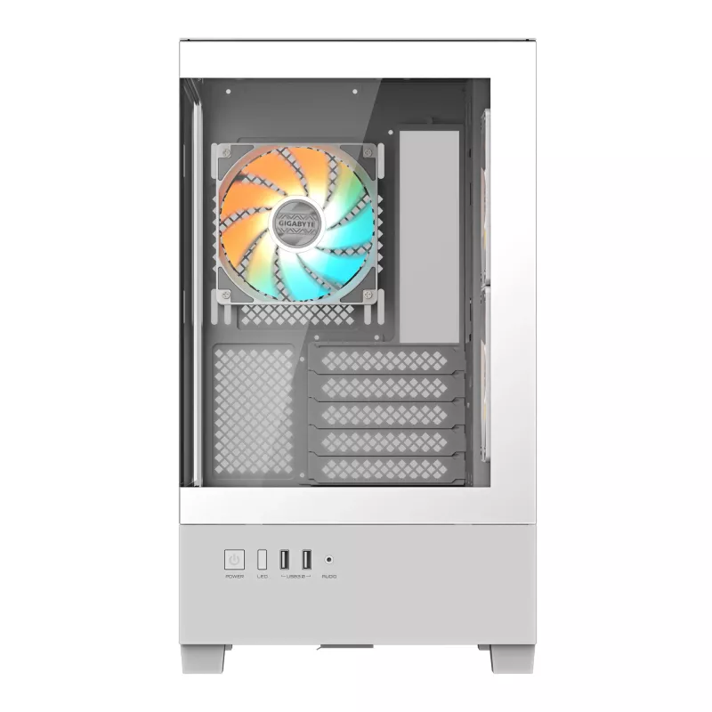 GIGABYTE C201 PANORAMIC ICE korpusas - Mid Tower, m-ATX, 360mm radiatoriaus palaikymas, 3 iš anksto sumontuoti ventiliatoriai, USB 3.0, RGB Fusion palaikymas