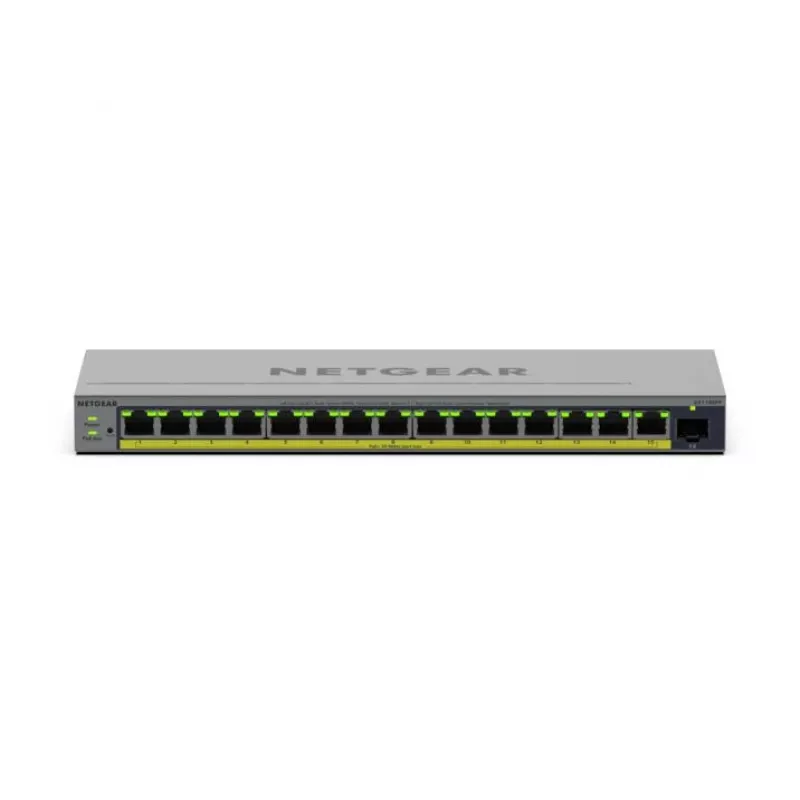 Valdomas L2/L3 Gigabit Ethernet PoE jungiklis Netgear GS116EPP — 16x RJ-45 10/100/1000, 1x SFP, 8000 MAC adresų, Pilka