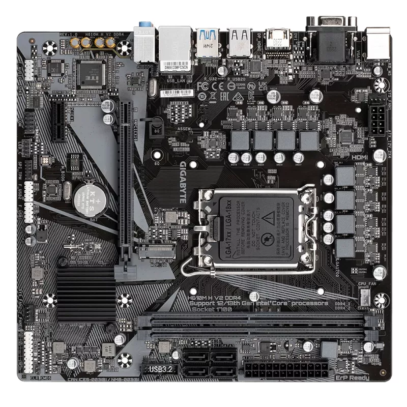 GIGABYTE H610M H V2 DDR4 pagrindinė plokštė – palaiko Intel Core 14-os kartos procesorius, 6+1+1 hibridinis skaitmeninis VRM, iki 3200MHz DDR4 (OC), 1xPCIe 3.0 M.2, GbE LAN, USB 3.2 Gen 1