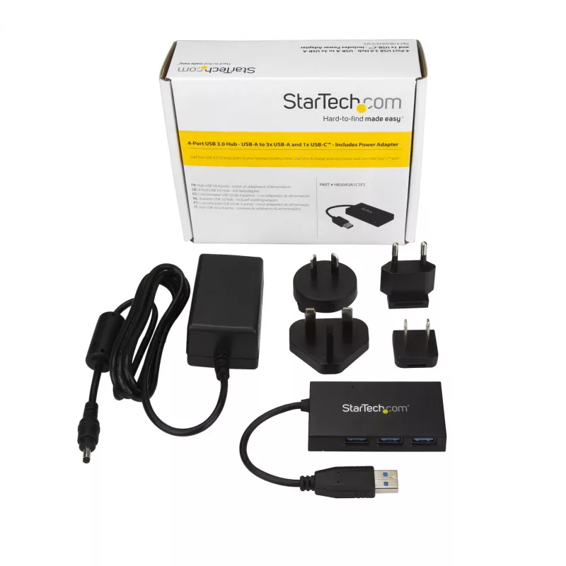 StarTech.com HB30A3A1CSFS 4 prievadų USB 3.0 šakotuvas ant stalo, USB-A į 3x USB-A + 1x USB-C, su maitinimo adapteriu