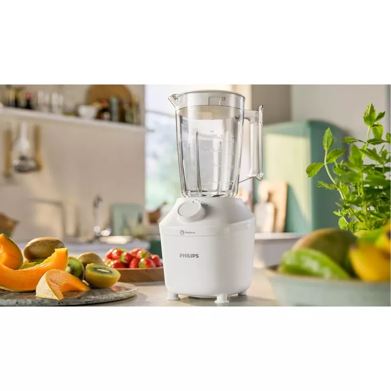 Stalinis blenderis Philips HR2041/00 — 450 W, 1,9 l plastikinis dubuo, nerūdijančio plieno peiliai, baltas