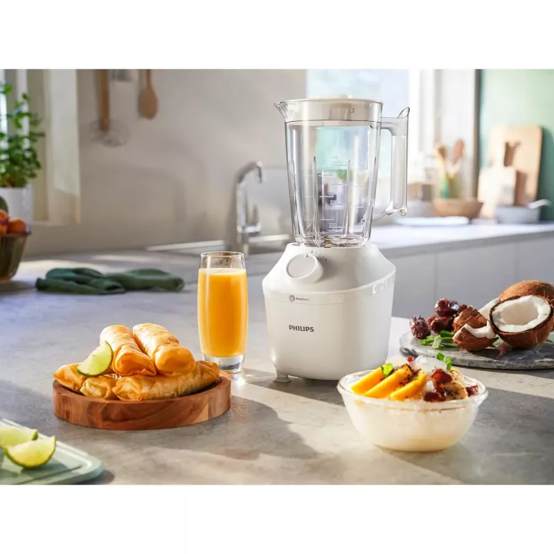 Stalinis blenderis Philips HR2041/00 — 450 W, 1,9 l plastikinis dubuo, nerūdijančio plieno peiliai, baltas