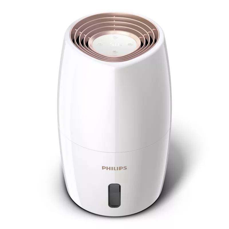 Drėkintuvas Philips HU2716/10 – 2 L bakas, 17 W, 220–240 V, baltas/rožinis auksas, kompaktiškas 220×220×350 mm