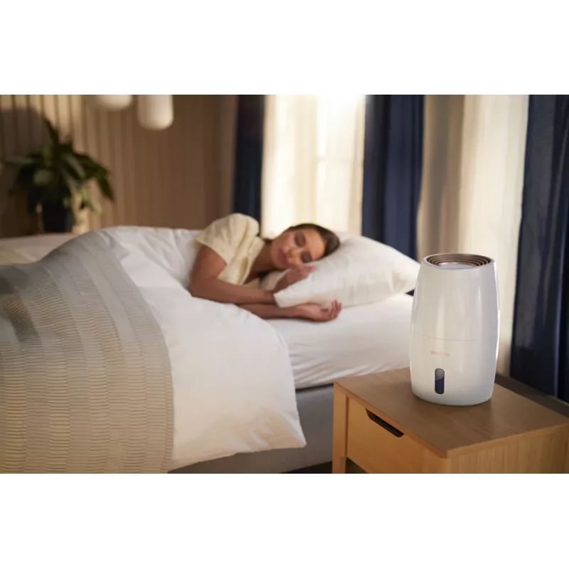Drėkintuvas Philips HU2716/10 – 2 L bakas, 17 W, 220–240 V, baltas/rožinis auksas, kompaktiškas 220×220×350 mm
