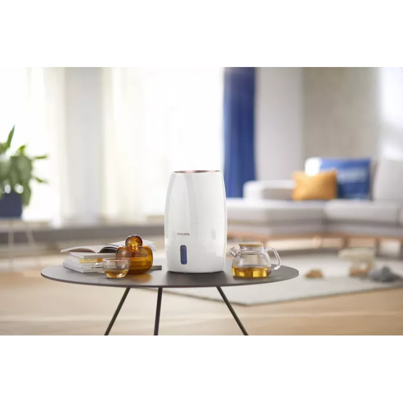 Drėkintuvas Philips HU2716/10 – 2 L bakas, 17 W, 220–240 V, baltas/rožinis auksas, kompaktiškas 220×220×350 mm