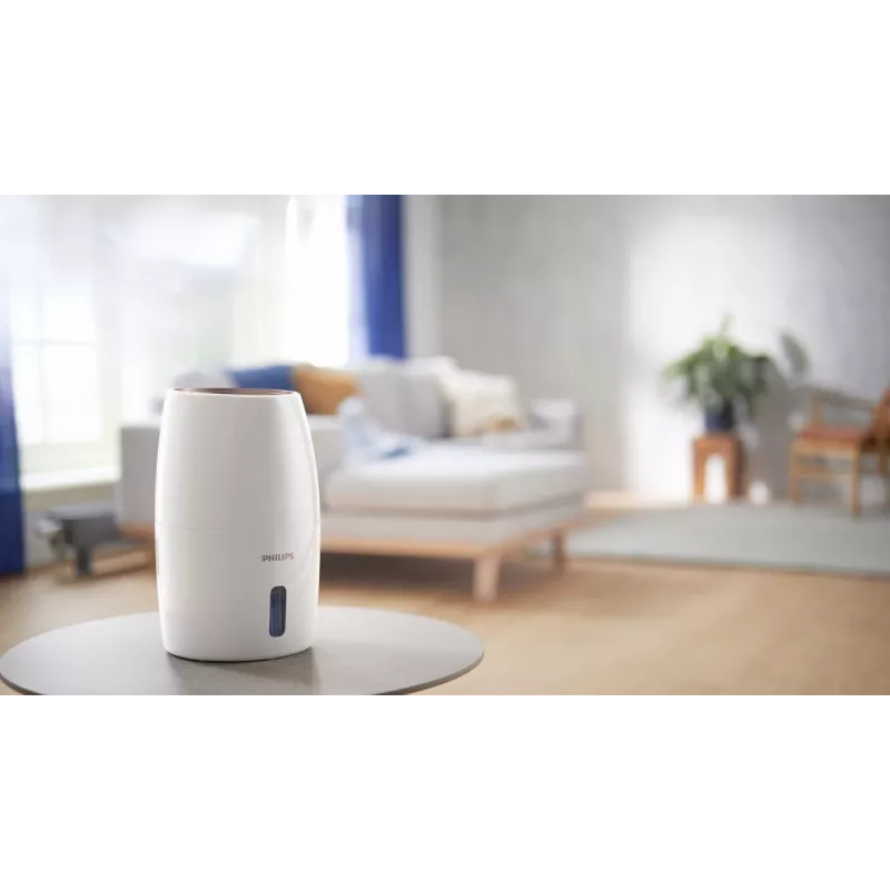 Drėkintuvas Philips HU2716/10 – 2 L bakas, 17 W, 220–240 V, baltas/rožinis auksas, kompaktiškas 220×220×350 mm