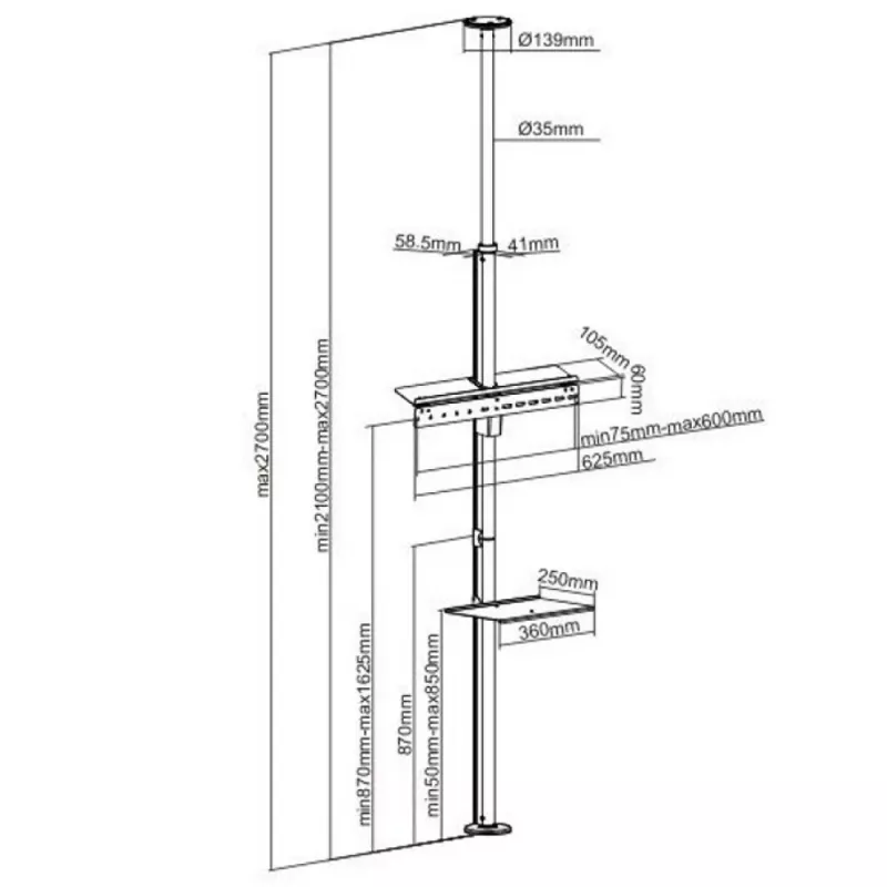TV stovas Techly ICA-TR32 nuo grindų iki lubų, 177.8 cm (70 colių), sidabrinis