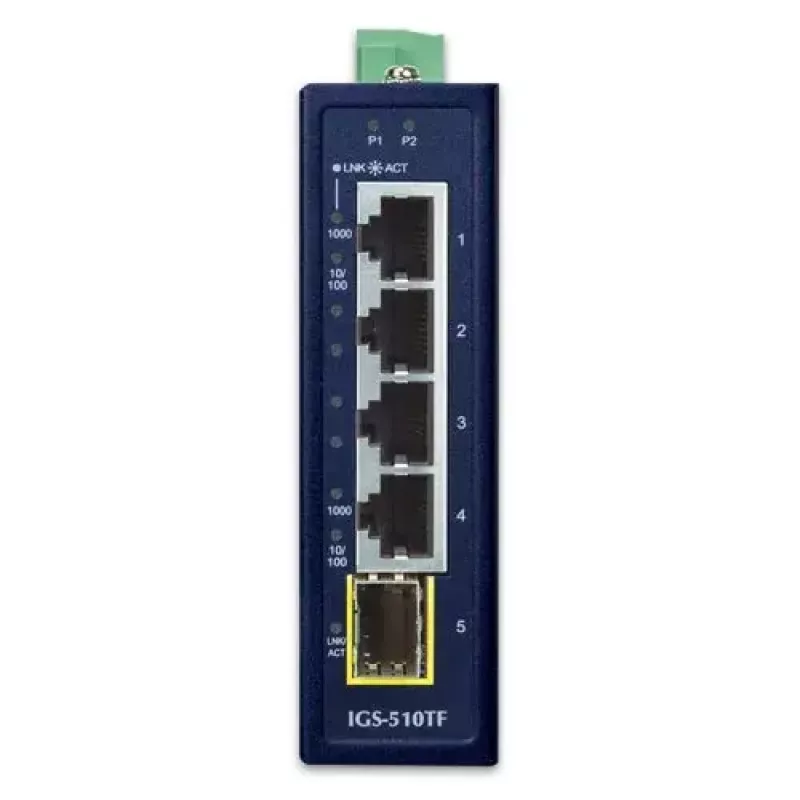 Nevaldomas Gigabit Ethernet jungiklis PLANET IGS-510TF — 4 x 10/100/1000 Mbps, 10 Gbit/s perjungimas, 9–48 V DC, montuojamas ant sienos