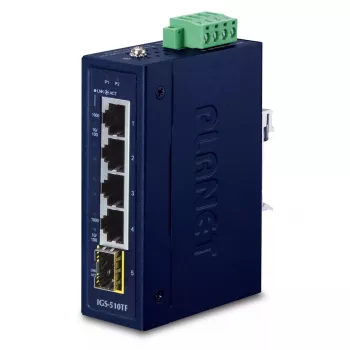 Nevaldomas Gigabit Ethernet jungiklis PLANET IGS-510TF — 4 x 10/100/1000 Mbps, 10 Gbit/s perjungimas, 9–48 V DC, montuojamas ant sienos