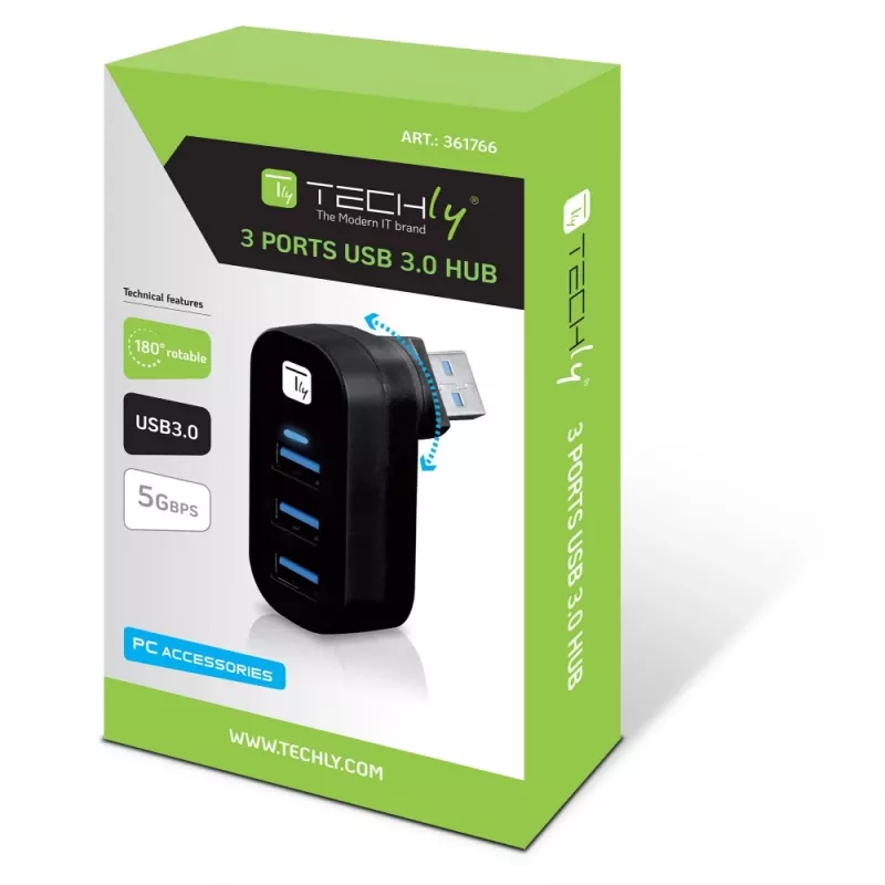 Techly IUSB3-HUB3-ROTB USB 3.2 Gen 1 trijų prievadų šakotuvas, juodas