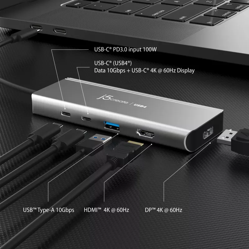 USB centras j5create JCD401 Dual 4K Multi-Port Hub sidabrinis laidinis USB 3.2 Gen 2