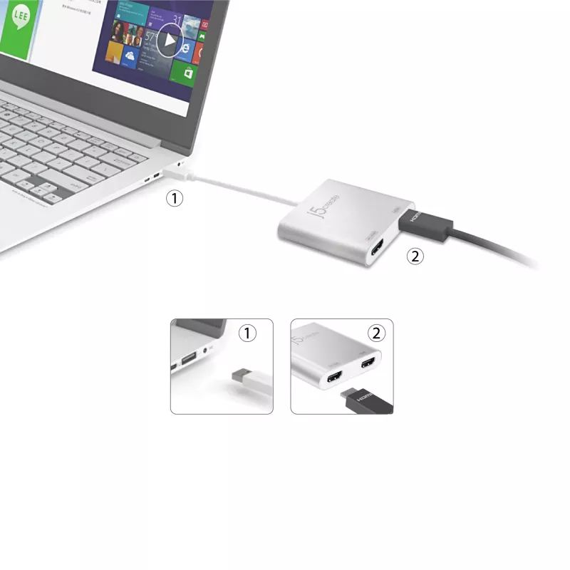 j5create JUA365 USB™ 3.0 į Dual HDMI kelių monitorių adapteris, sidabrinis