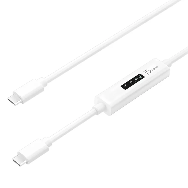j5create JUCP14 USB-C™ 2.0 į USB-C™ laidas su OLED dinaminiu galios matuokliu, baltas, 1,2 m
