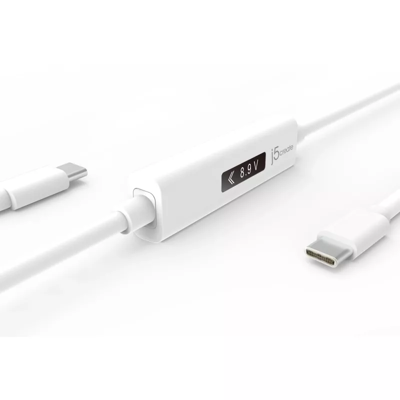j5create JUCP14 USB-C™ 2.0 į USB-C™ laidas su OLED dinaminiu galios matuokliu, baltas, 1,2 m