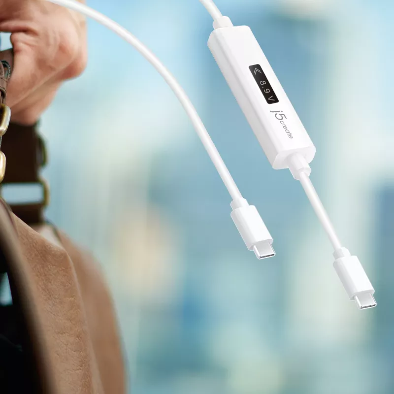 j5create JUCP14 USB-C™ 2.0 į USB-C™ laidas su OLED dinaminiu galios matuokliu, baltas, 1,2 m