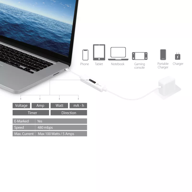 j5create JUCP14 USB-C™ 2.0 į USB-C™ laidas su OLED dinaminiu galios matuokliu, baltas, 1,2 m