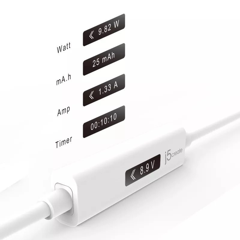 j5create JUCP14 USB-C™ 2.0 į USB-C™ laidas su OLED dinaminiu galios matuokliu, baltas, 1,2 m