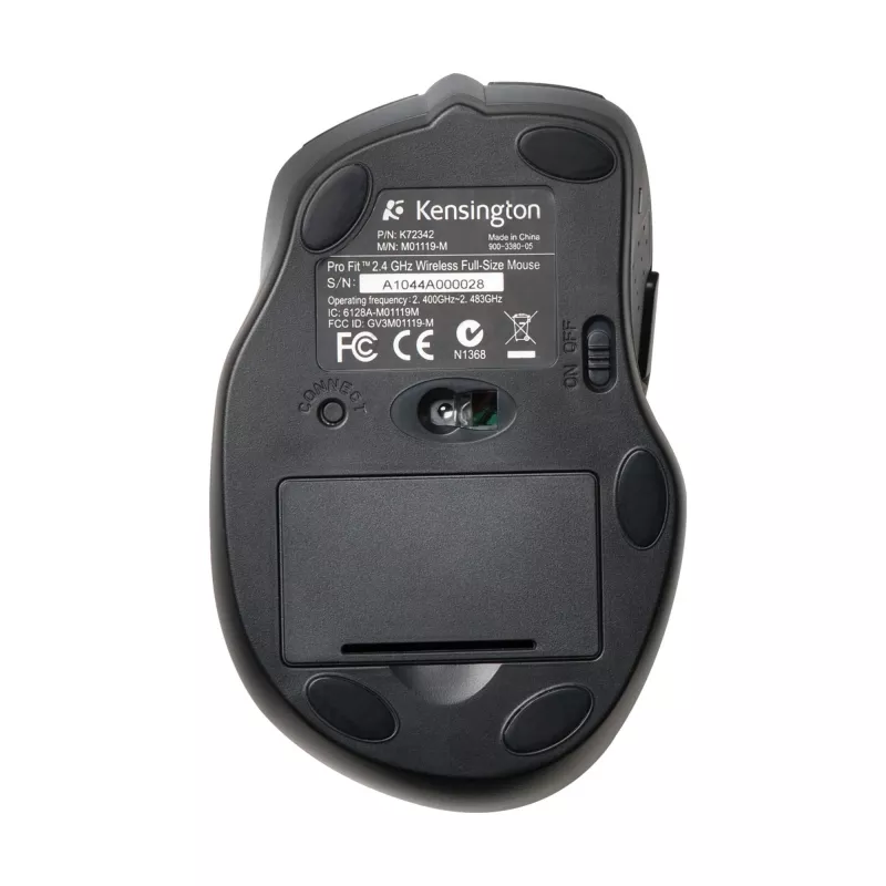 Kensington Pro Fit belaidė pilno dydžio pelė, ambidekstrinė, optinė, RF belaidė, 1600 DPI, juoda